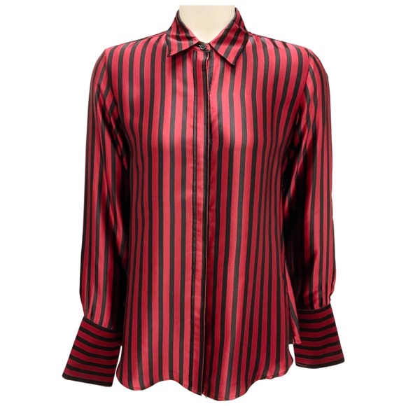 NILI LOTAN RED / BLACK STRIPED SILK BLOUSE - Picture 1 of 5